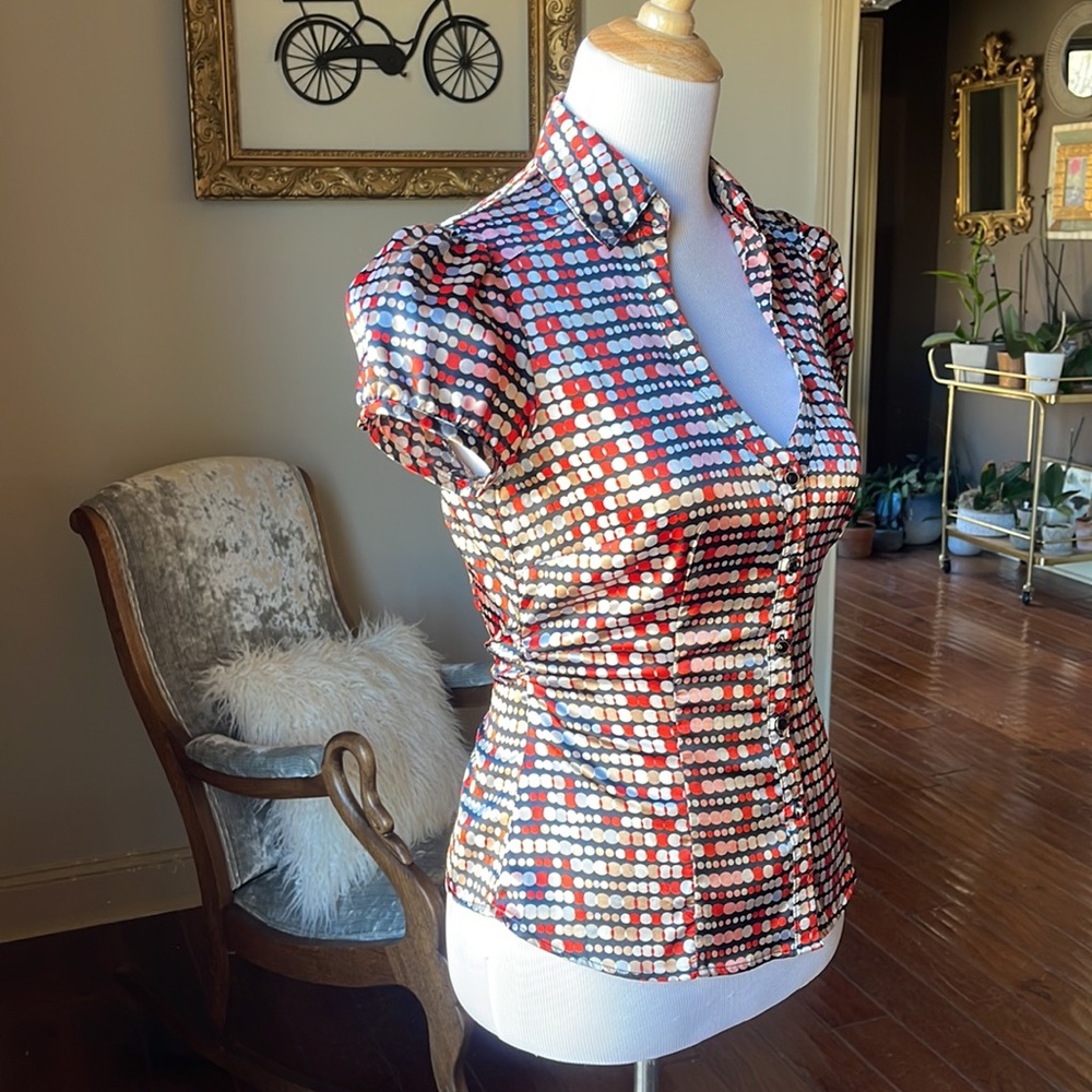EUC red white & navy blouse Small